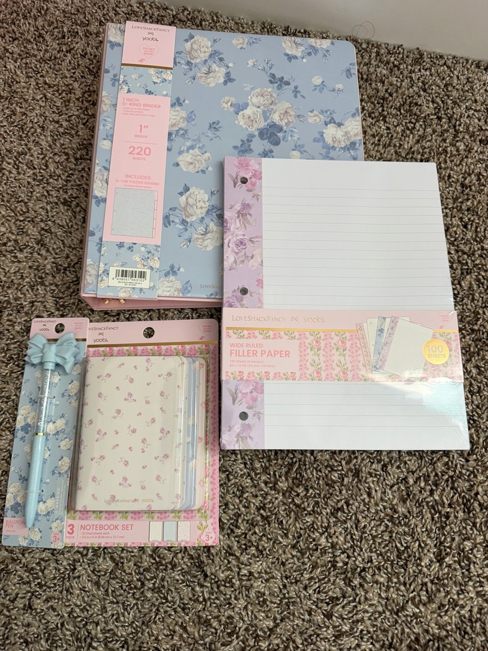 LoveShackFancy Yoobi binder, pen, mini notebook and bow pen set